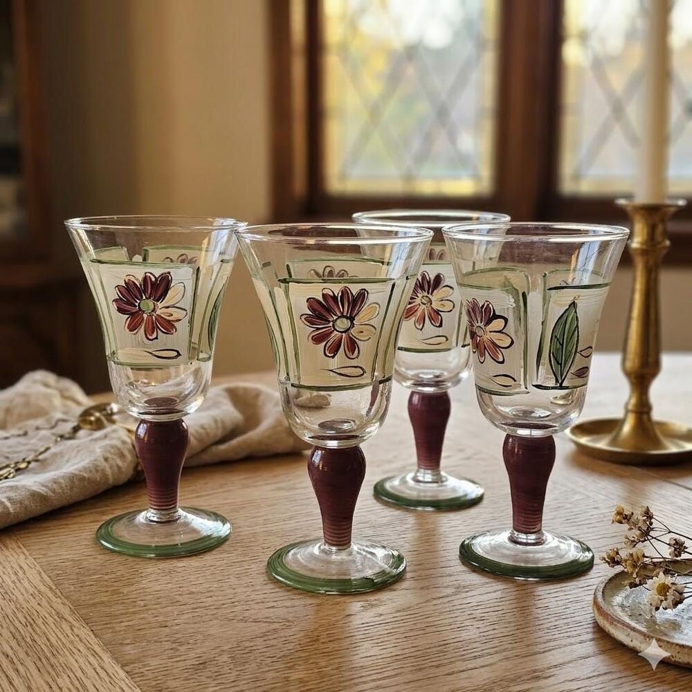Vintage 1970s Gibson Sabrina Water Goblets: Hand-Painted Floral Leaf Design